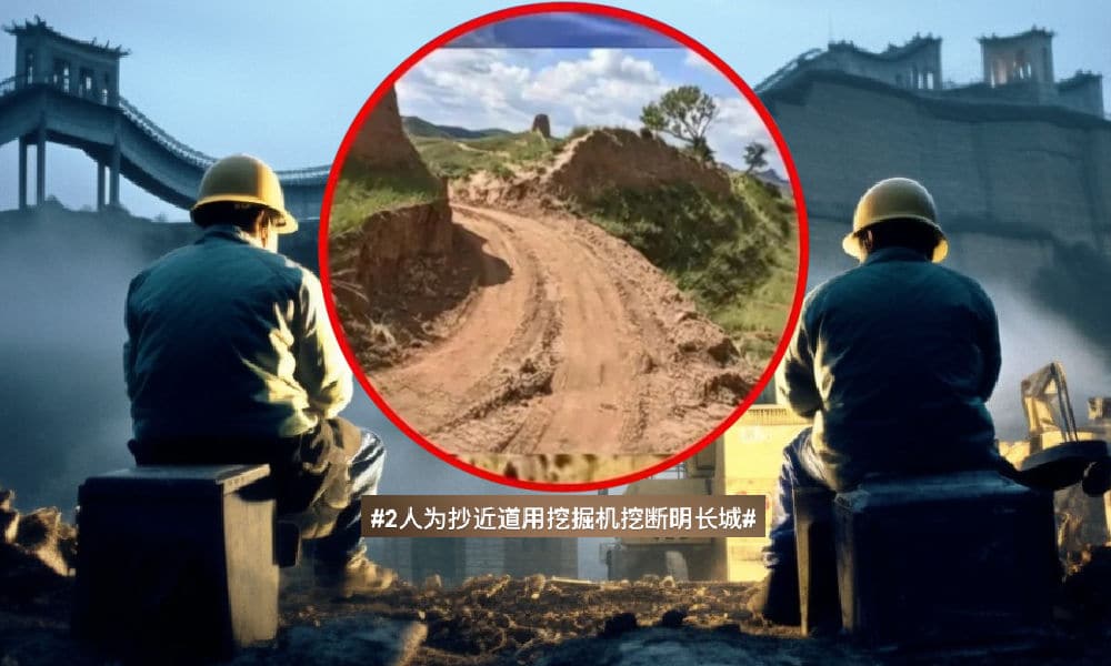 Great Wall of China damaged by workers with an excavator